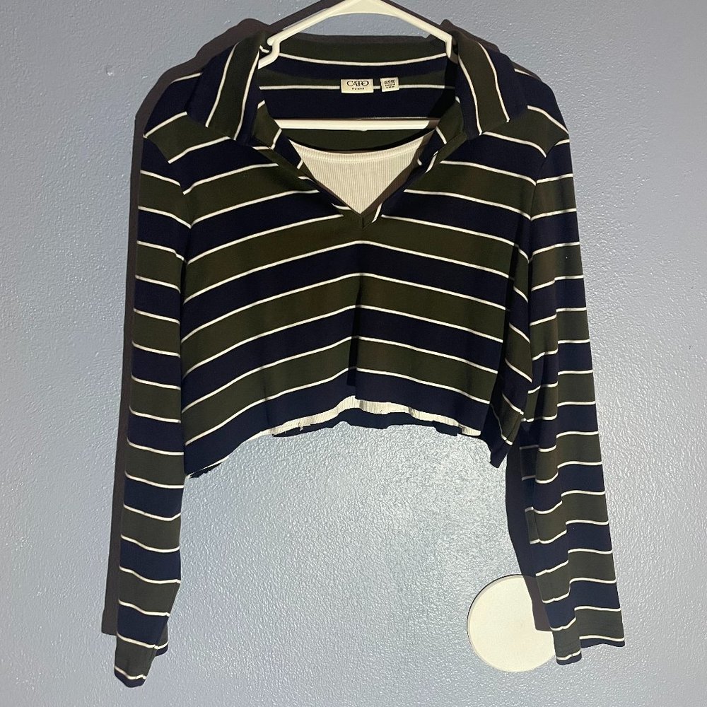 CATO White Green Collared Long Sleeve Cut off T Shirt - 22/24W